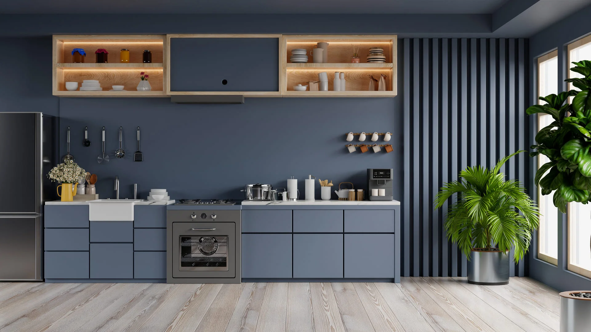 cocina moderna con puertas lisas estanterias en madera natural
